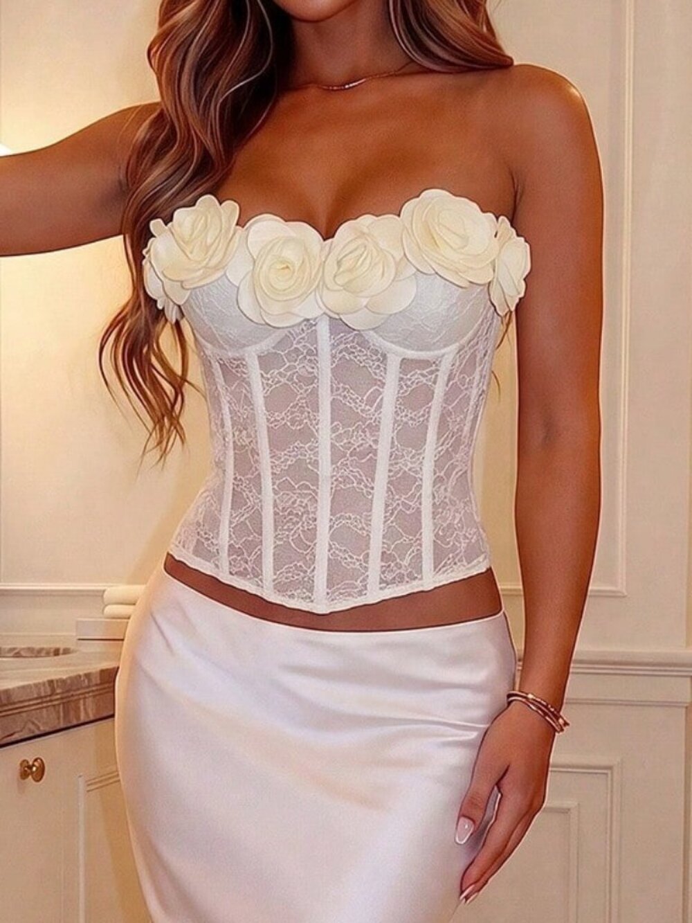 Apricot Elegant Women's 3d Floral Decor Lace Patchwork Camisole Top - Picture 3 of 5